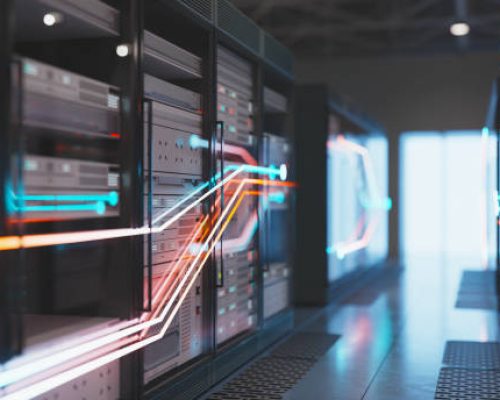 Modern dark data center, focus on the foreground, 3D render